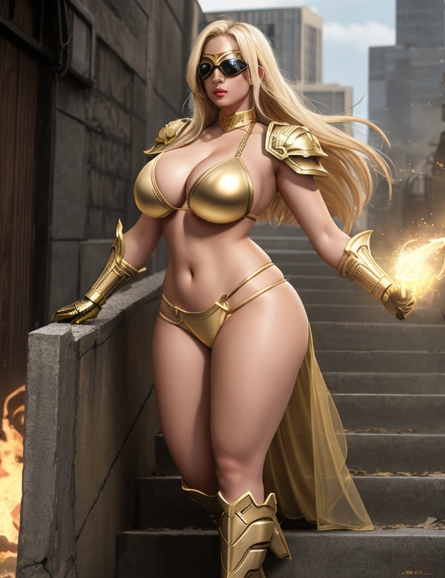 Bright in a golden armored bikini and goggles, her hand lit up with golden light