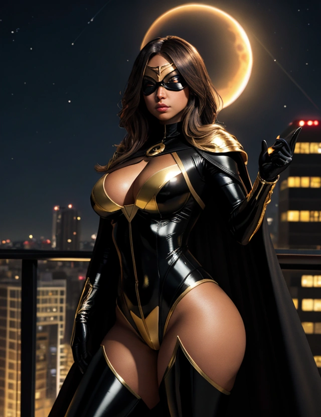 The superheroine Eclipse in a black and gold thong leotard, cape and thigh-highs